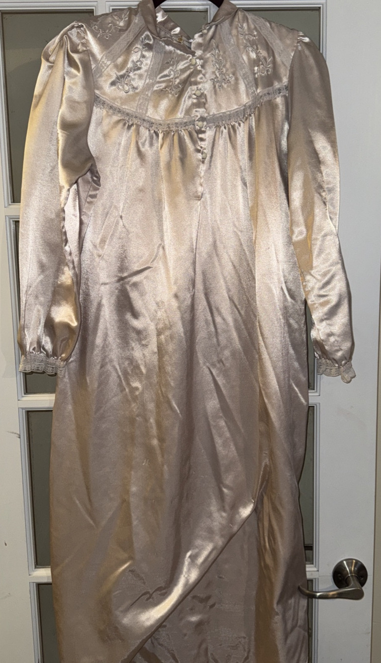 Ilise Stevens Satin Nightgown Womens S Pink Flannel Lined Lace Trim Embroidery